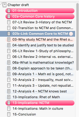 A list of the various items found in a draft of a chapter. Red and pink are used to indicate progress made on a portion of the chapter. Scrivener highlights the current file in blue.