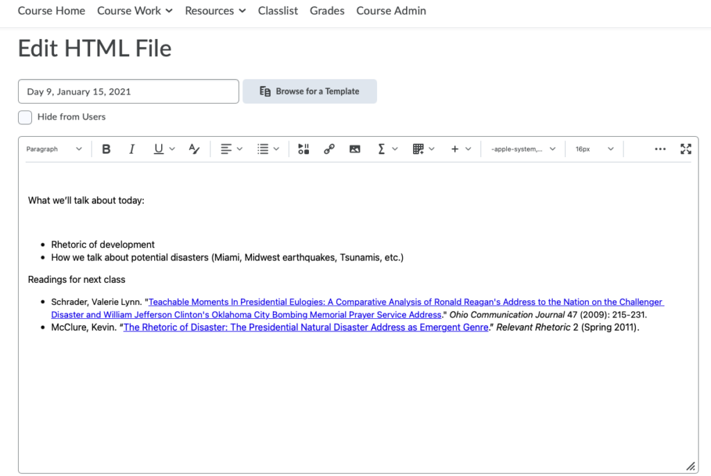 D2L Screen for editing an HTML file, including a main D2L menu, and a content editor box.