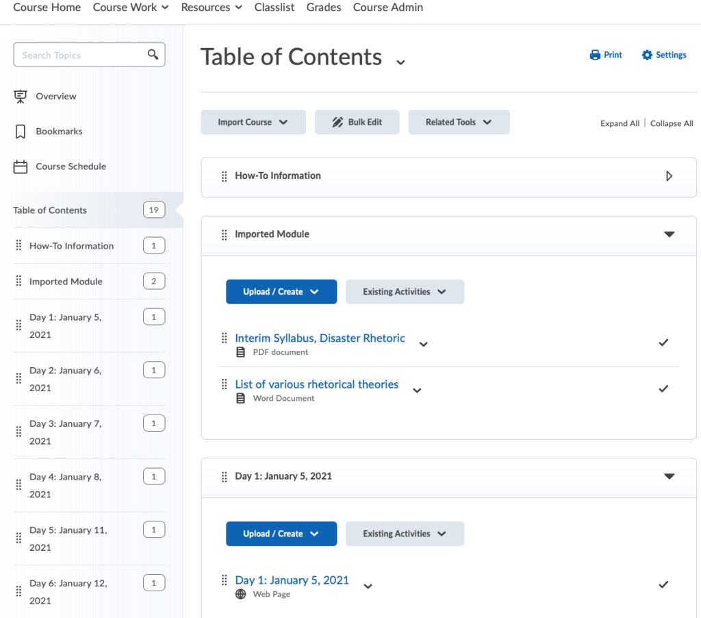 Image showing the Table of contents inside of a D2L course that includes a list of dates for the course as well as a few files.