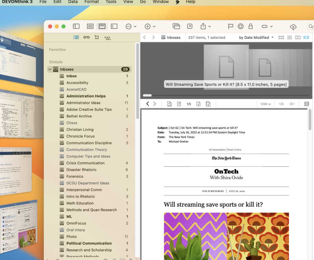 DEVONThink screen showing all my open databases on the left, and a quick preview of the PDF on the right. The PDF is being inserted into the global inbox.