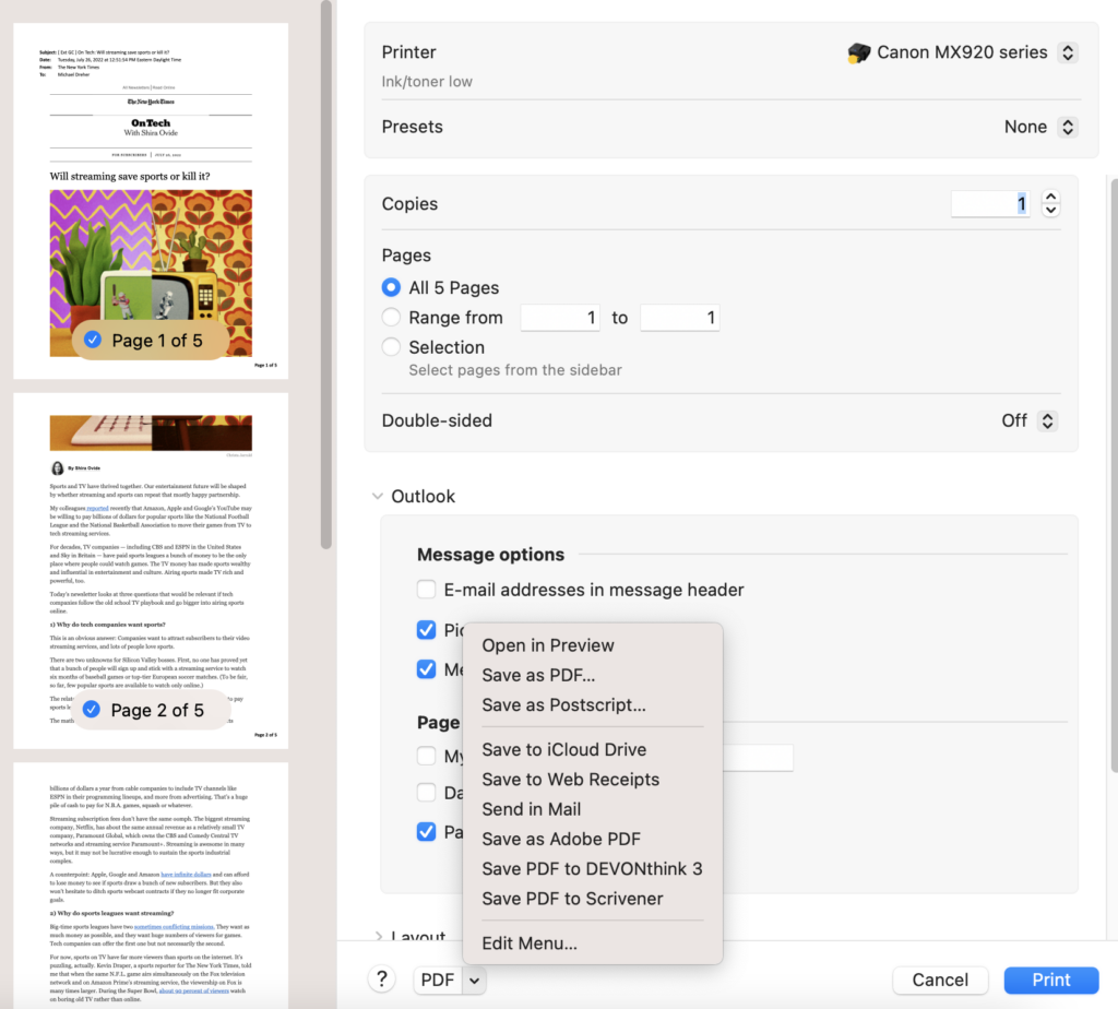 The screen that results from printing an email in Outlook. The page previews are on the left hand column, and the Microsoft Office dialog boxes are on the right. I've selected the PDF dropdown on the bottom that shows a menu of different applications that can receive the PDF file. 