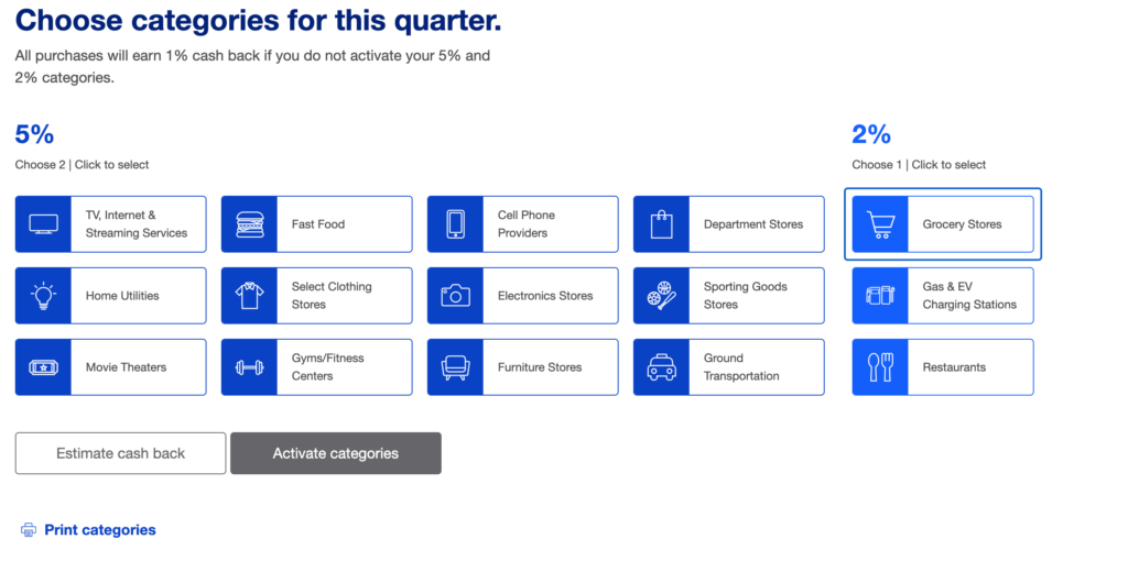 US Bank selection screen for selecting categories. It's blue. Lots of blue. But not very distinguishable.